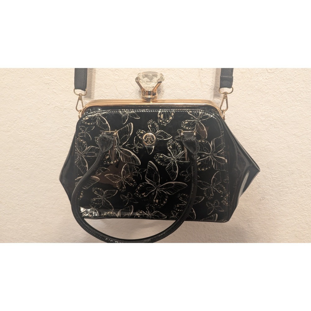VERCHELLI MILANO Black Patent Butterfly Kiss‎ Lock Handbag Crystal Accent
